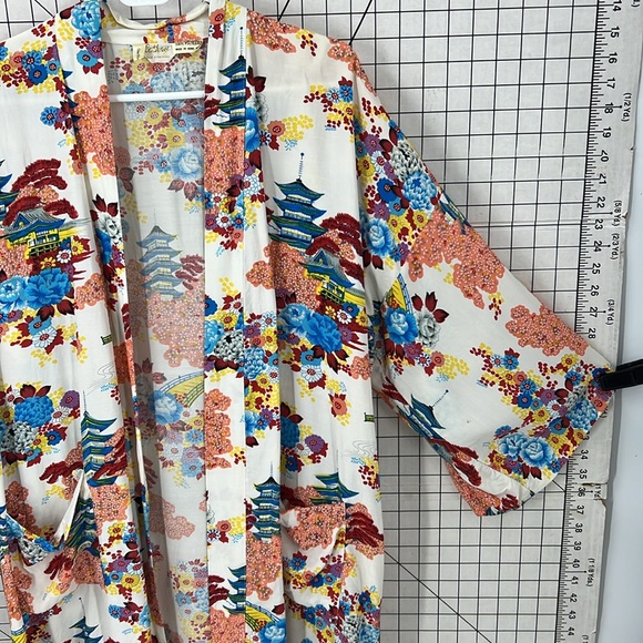 Cathay vintage made in Hong Kong floral Asian print open front kimono robe - Picture 2 of 10